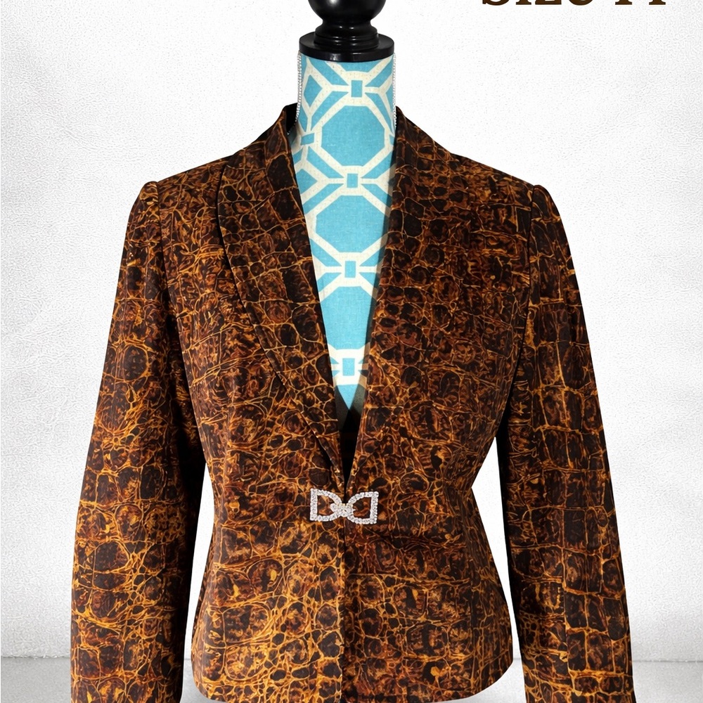 Vintage Nygard Collection Womens 14 Velvet Crocodile Print Blazer Jacket Brown